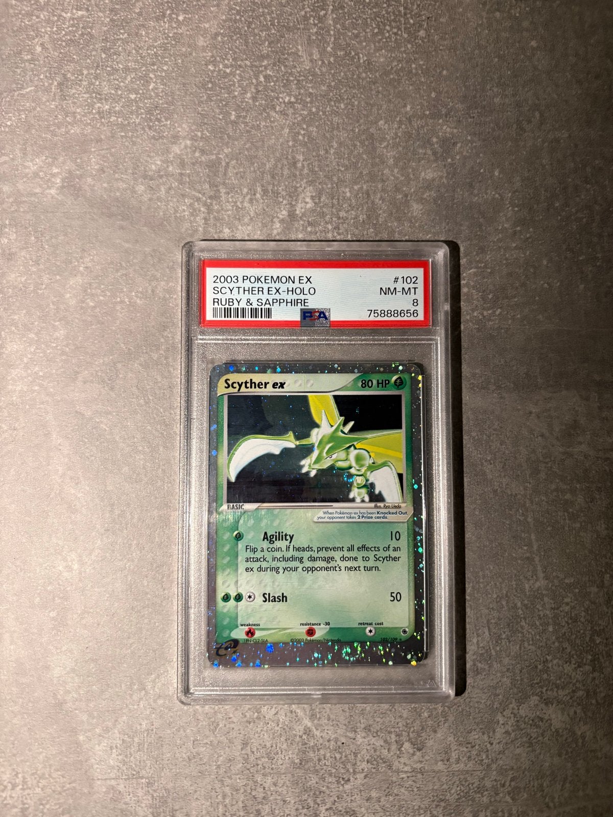 2003 Pokémon EX Scyther ex-Holo Ruby & Sapphire PSA 8, Ophalen of Verzenden, Zo goed als nieuw, Losse kaart, Foil