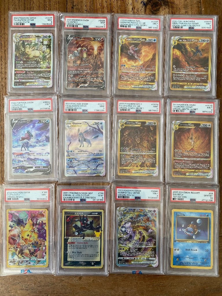 Pokemon Slabs PSA (Diverse 9 en 1 x 10), Ophalen of Verzenden, Zo goed als nieuw, Meerdere kaarten
