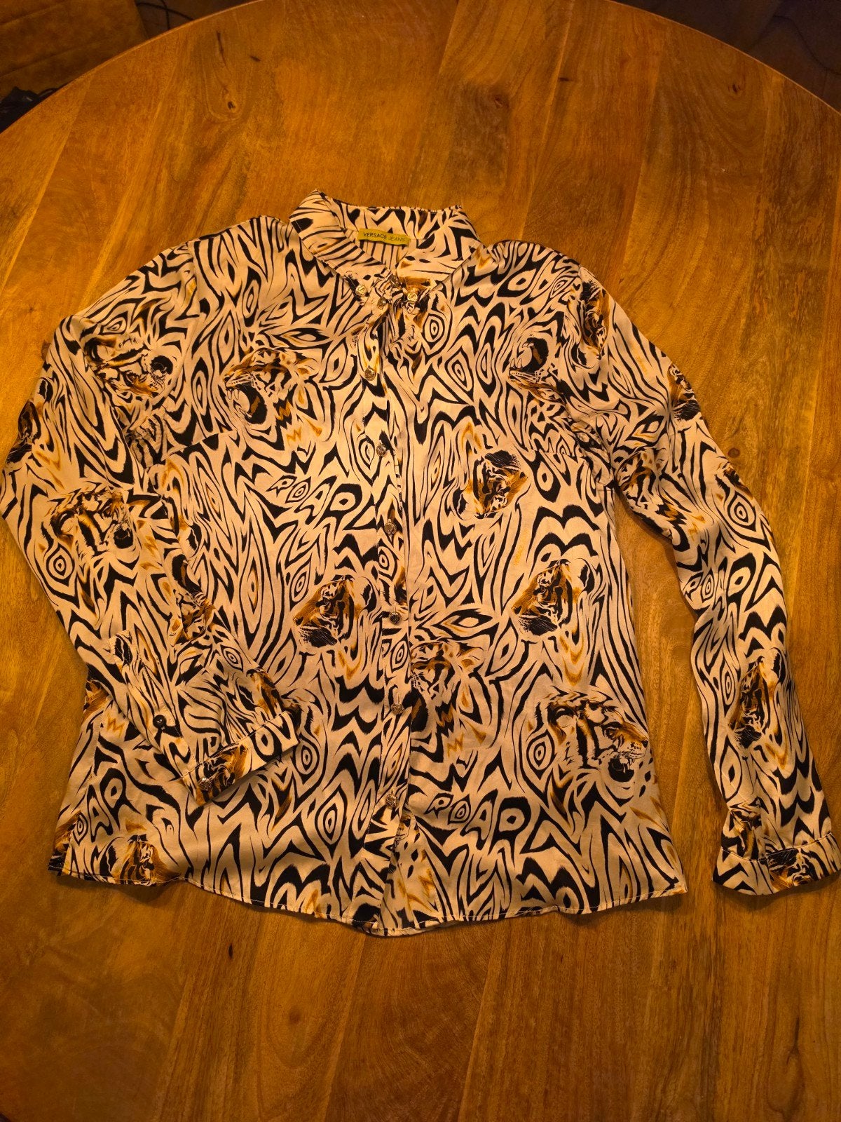 Versace Jeans zijde blouse met tijgerprint, Beige, Maat 42/44 (L), Ophalen of Verzenden, Zo goed als nieuw