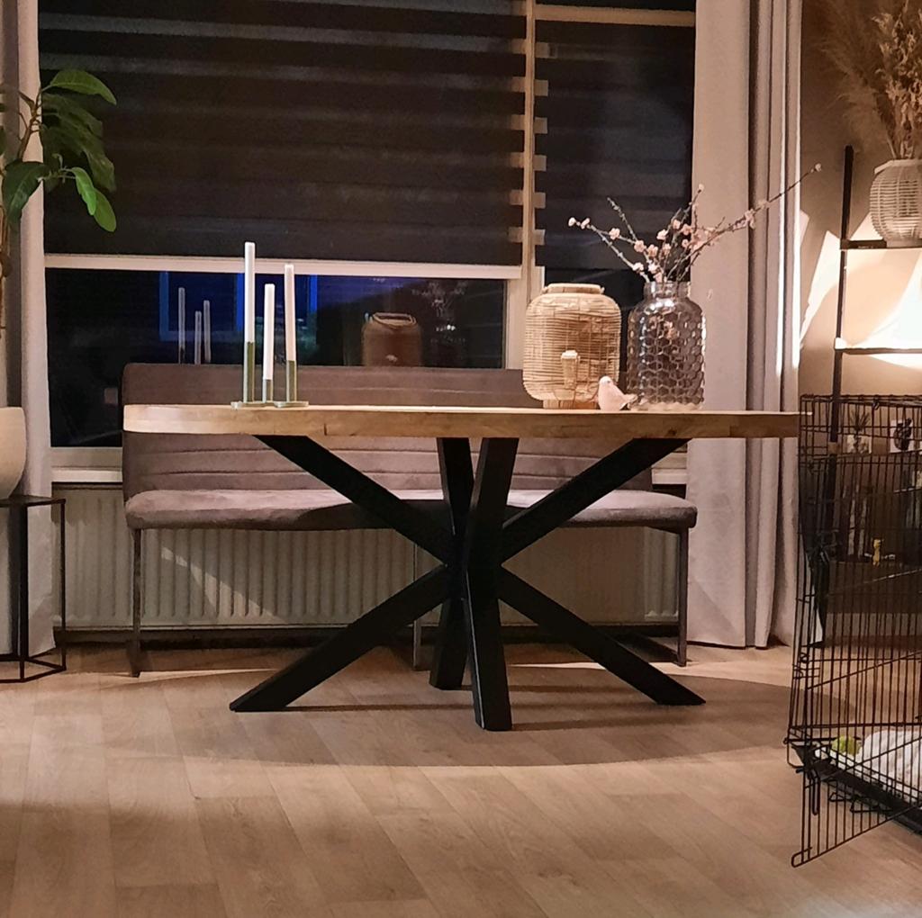 Mangohouten eettafel met leren eetbank, Ophalen of Verzenden, Rechthoekig, 150 tot 200 cm, 50 tot 100 cm