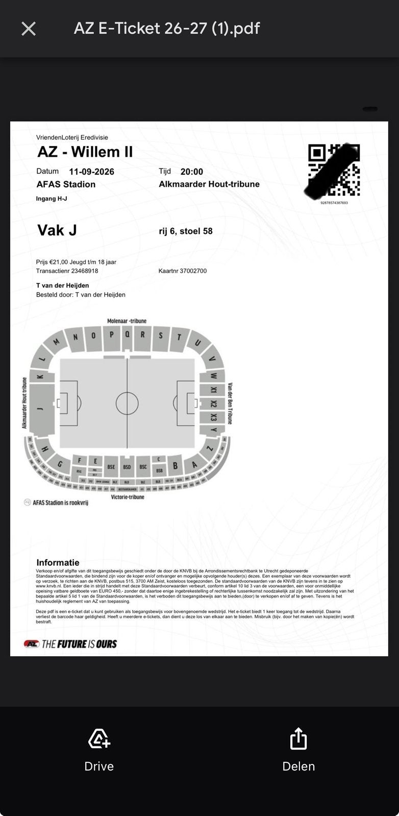 kaartje AZ - Willem II, Tickets en Kaartjes, Sport | Voetbal, Eén persoon, November