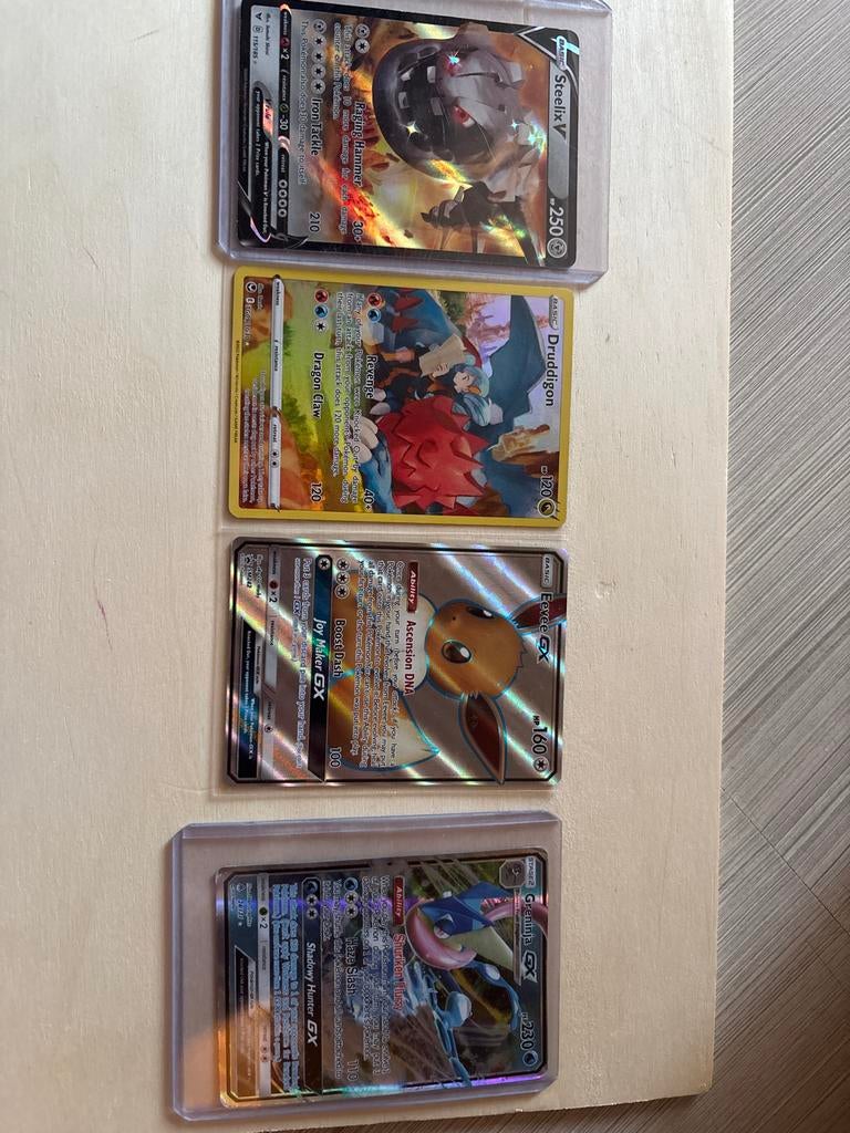 Pokémon Kaarten: Steelix V, Druddigon, Eevee GX, Greninja GX, Ophalen of Verzenden, Zo goed als nieuw, Meerdere kaarten, Foil