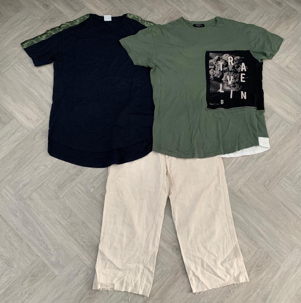 Beige korte linnen broek met 2 stoere shirts maat M!, Verzenden, Zo goed als nieuw, Maat 48/50 (M), Overige kleuren