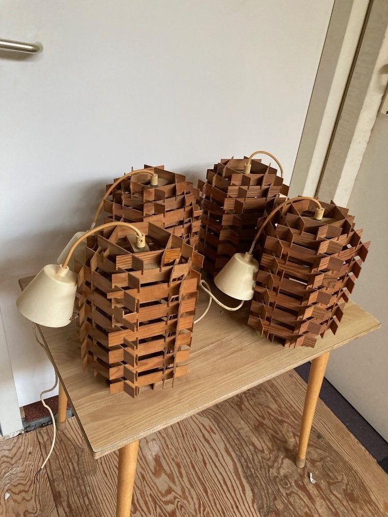Vintage  Scandinavische hanglampen met lamellen, Huis en Inrichting, Lampen | Hanglampen, Ophalen of Verzenden, Gebruikt, Hout