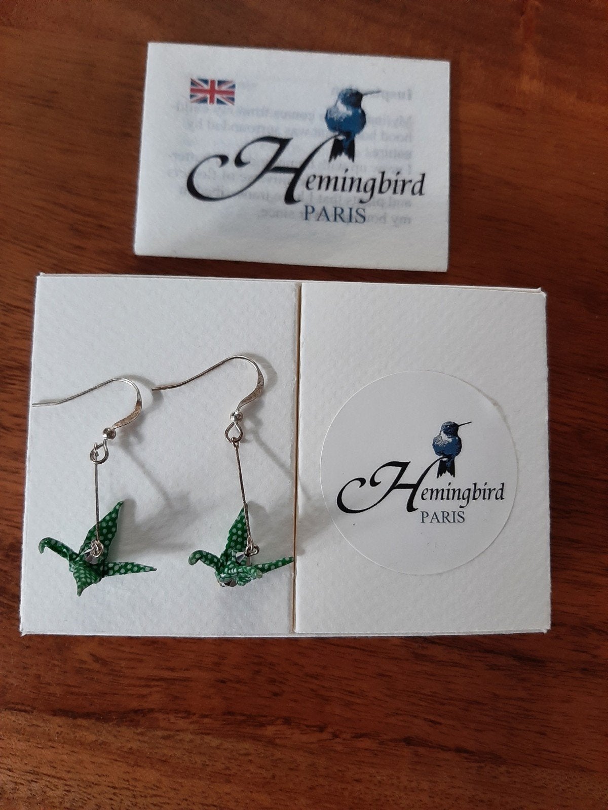Nieuw!HEMING BIRD PARIS/Origami/Zilv/925oorbellen Kraanvogel, Hangers, Nieuw, Ophalen of Verzenden, Groen