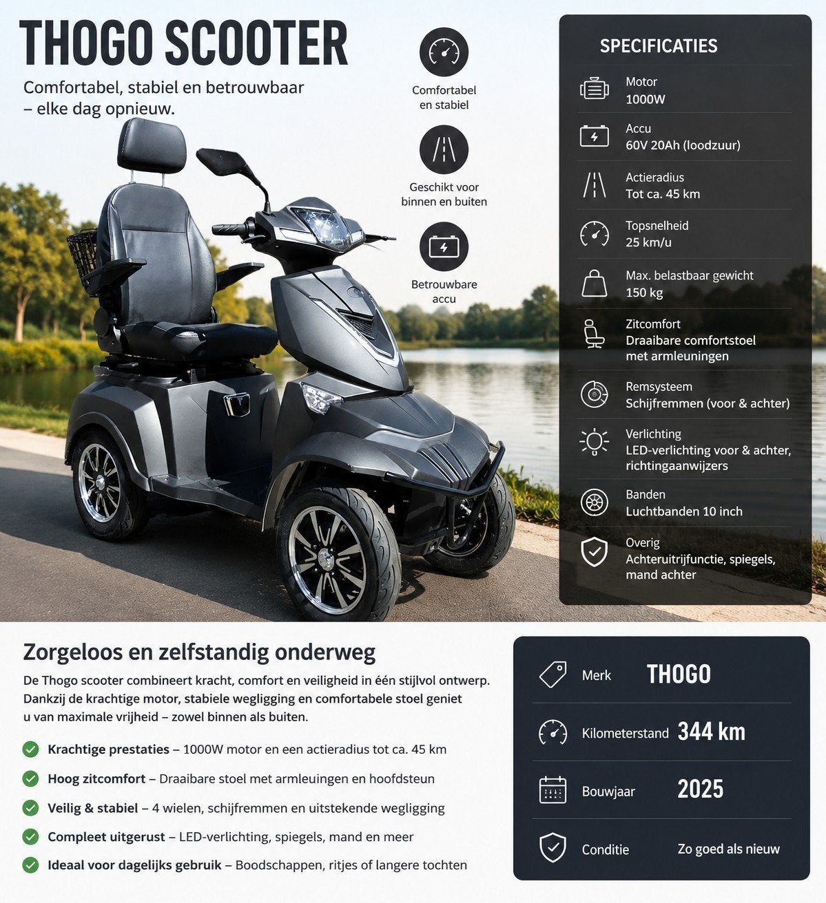 Thogo scootmobiel – bouwjaar 2025 – slechts 344 km, Ophalen, 46 km of meer, 16 km/u of meer