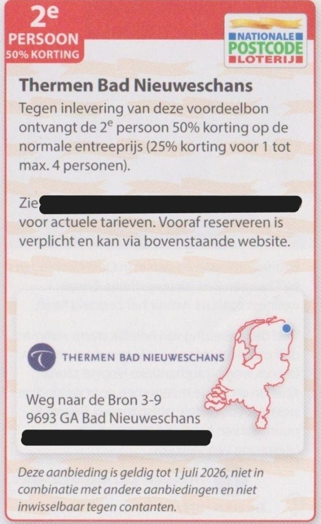 Thermen Bad Nieuweschans 2e persoon 50% korting Postcode bon, Tickets en Kaartjes, Kortingen en Cadeaubonnen, Twee personen, Kortingsbon