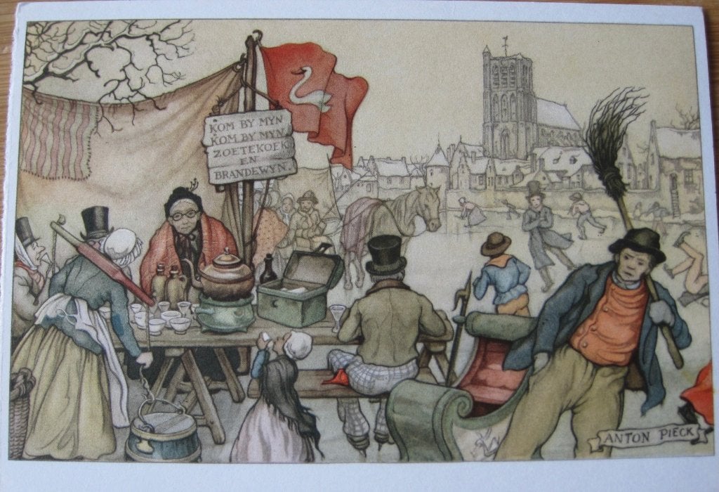 Anton Pieck prentje - Koek en Zopie en Brandwijn kraam, 1980 tot heden, Ophalen of Verzenden, Zo goed als nieuw, Prent