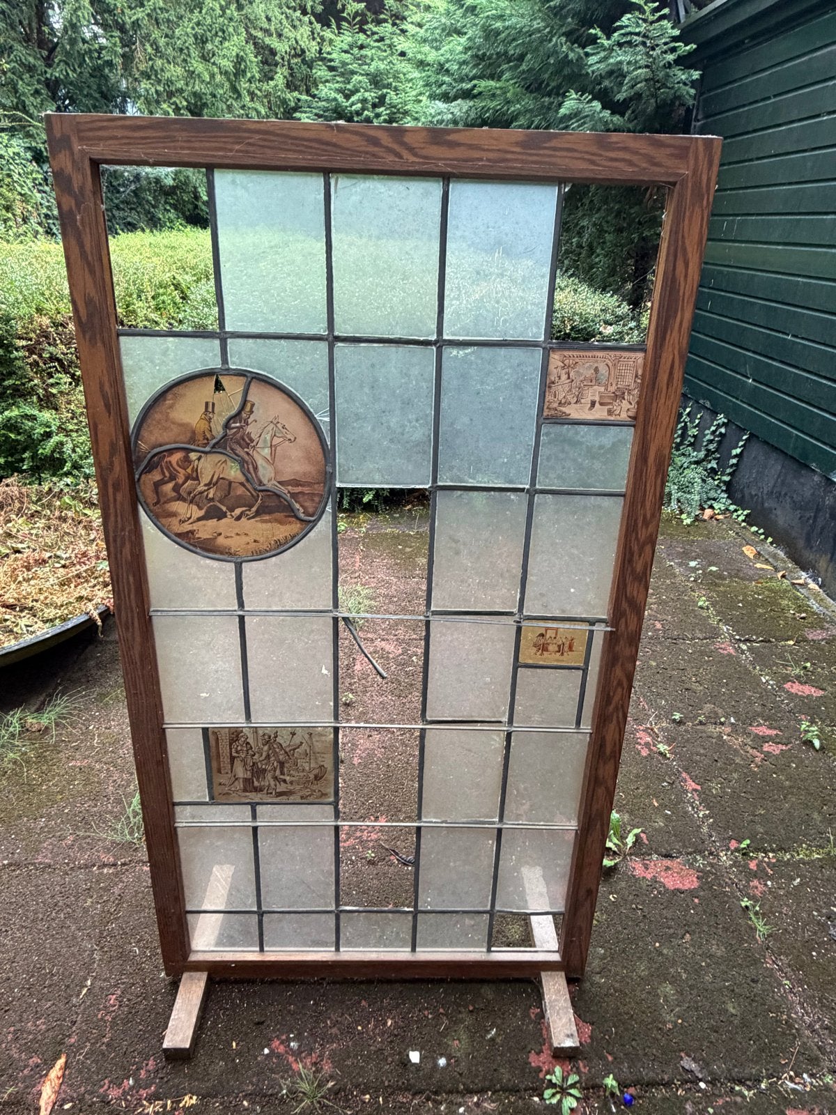 Antiek Glas-in-lood Paneel met Historische Scènes, Ophalen