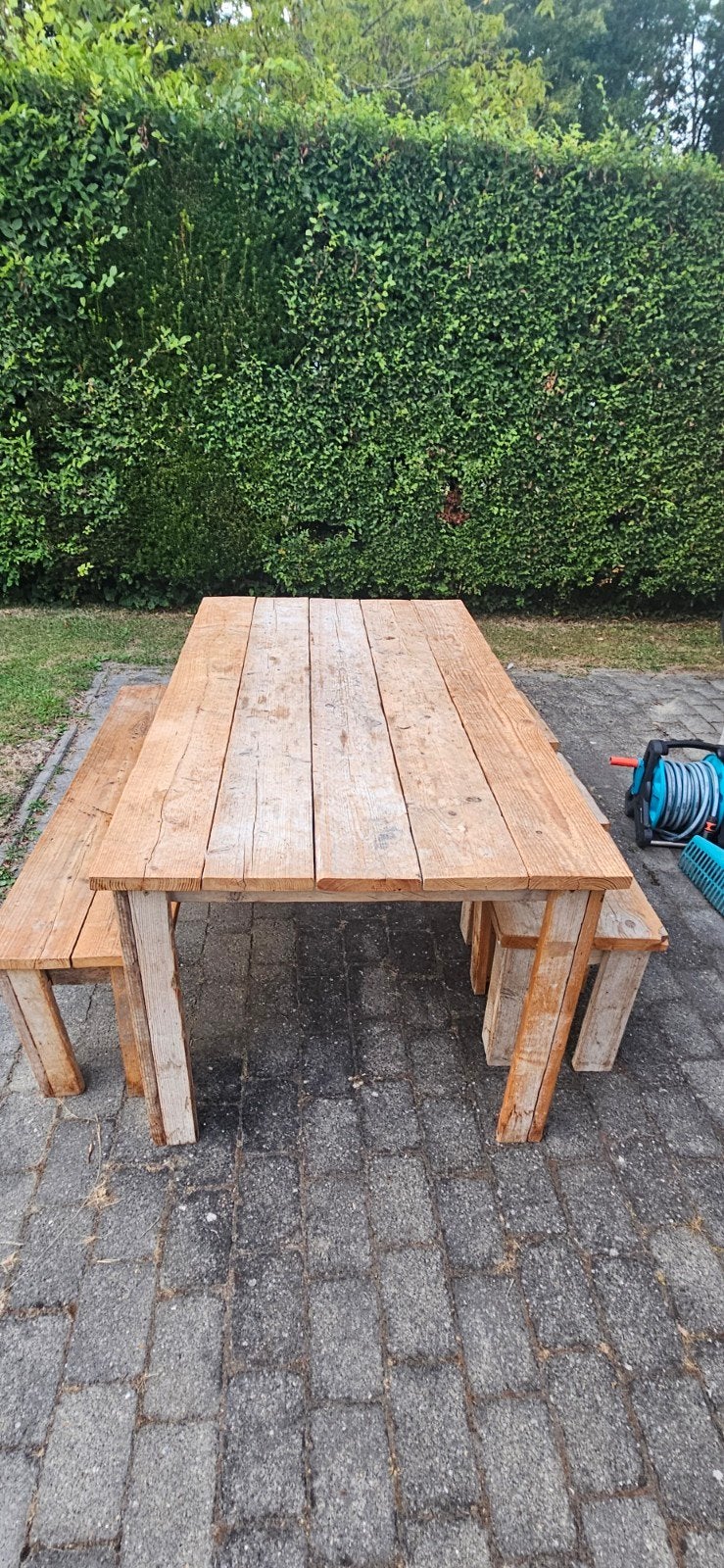 tuintafel steigerhout compleet met bank en 3 krukken, Ophalen, Gebruikt, Rechthoekig, Hout
