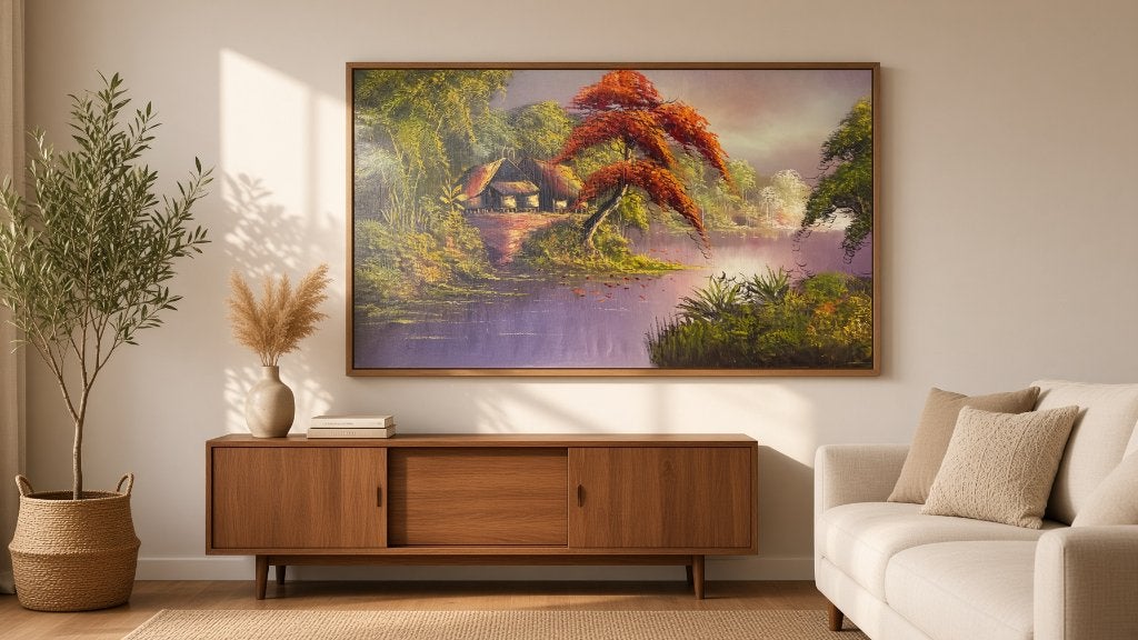 Landschap met Huisje en (Antiek Bali), Antiek en Kunst, Kunst | Schilderijen | Klassiek, Doek, Realistisch, Ophalen of Verzenden