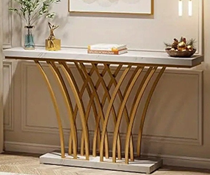 Luxe Console Tafel Marmerlook met Gouden Onderstel - Nieuw, Minder dan 50 cm, 100 tot 150 cm, Modern, Luxe, Glamour, Overige materialen