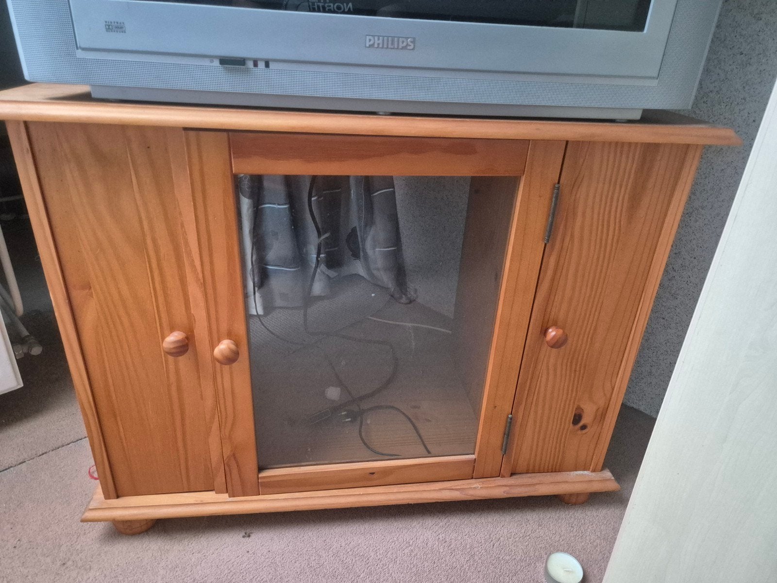 Grenen TV- en stereomeubel met glazen deur, Ophalen, Gebruikt, Minder dan 100 cm, 25 tot 50 cm