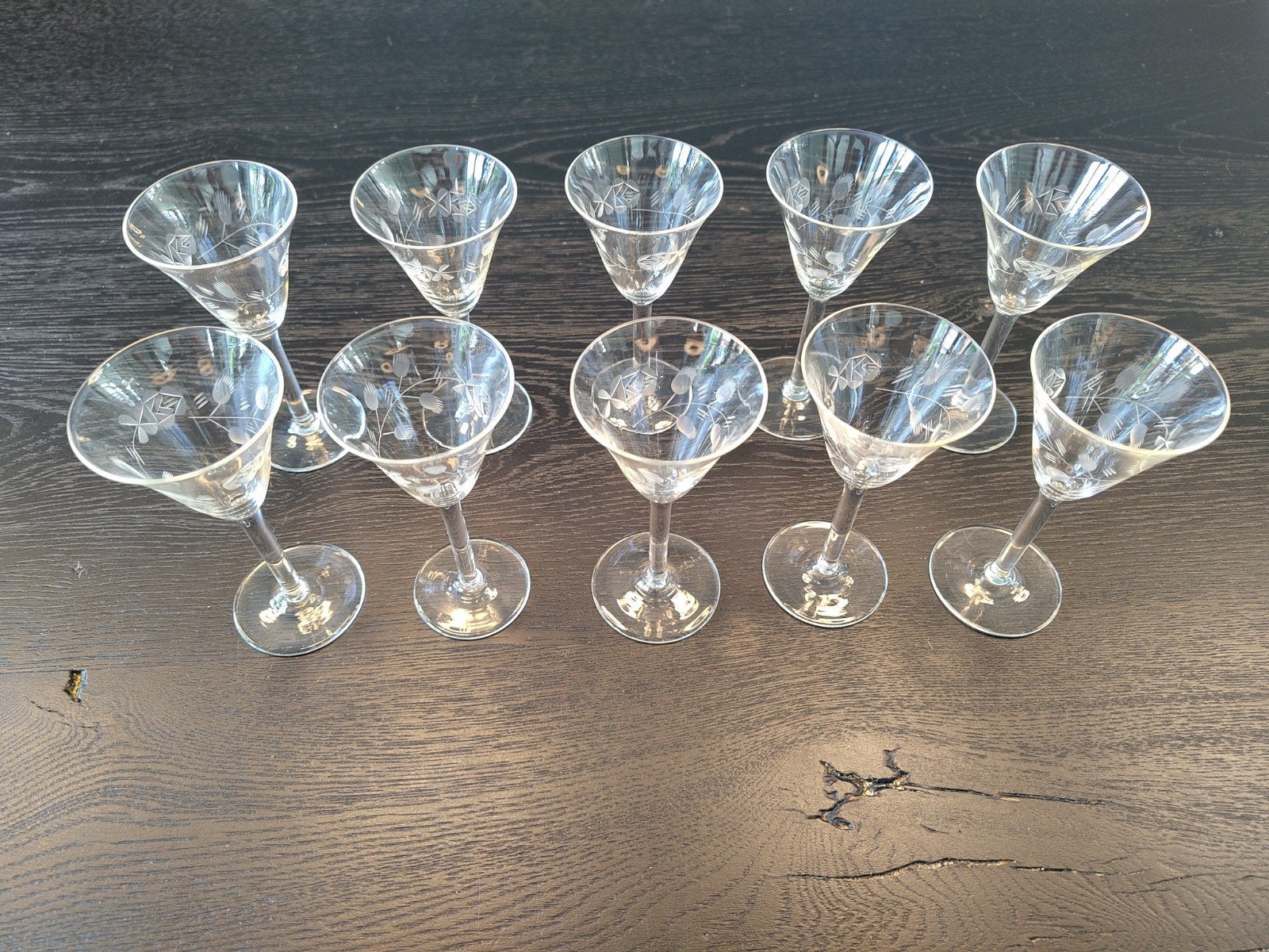 10 antieke handgegraveerde borrelglaasjes (40cc), Antiek en Kunst, Ophalen of Verzenden