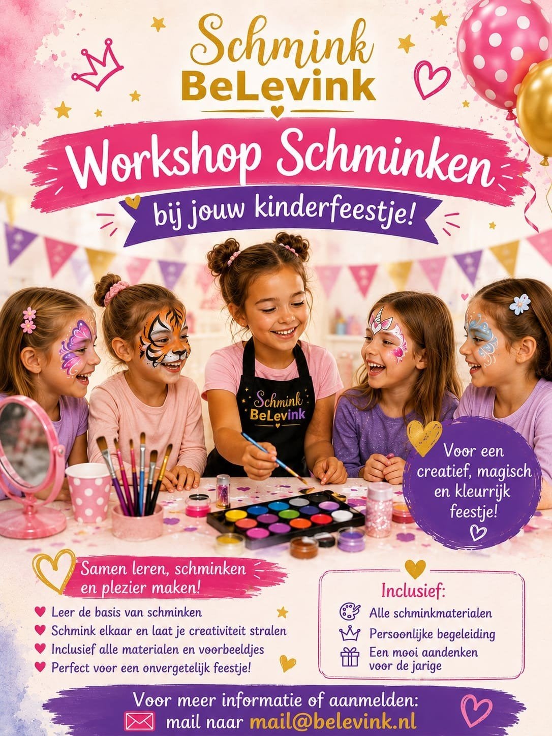 Workshop schminken op jouw kinderfeestje, Ophalen, Nieuw, Schmink, Verjaardag