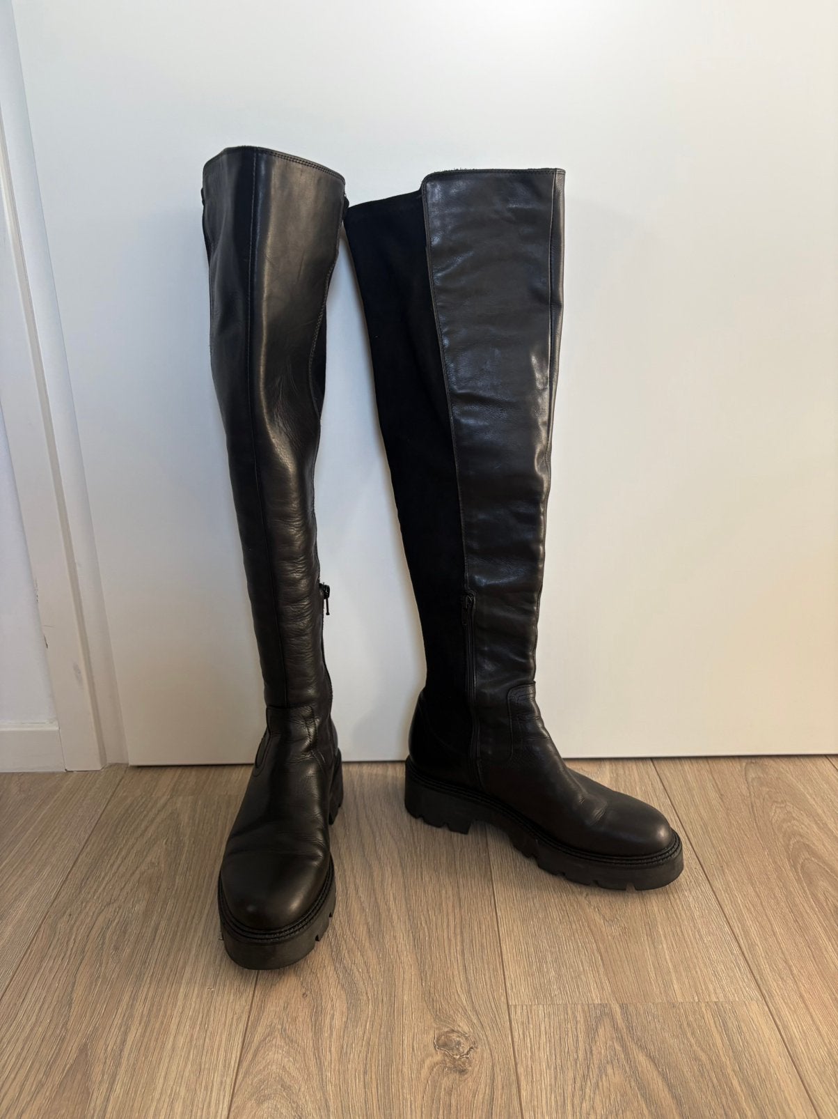 Zwarte leren overknee laarzen met stretch - Manfield - mt 39, Hoge laarzen, Zwart, Ophalen of Verzenden, Zo goed als nieuw