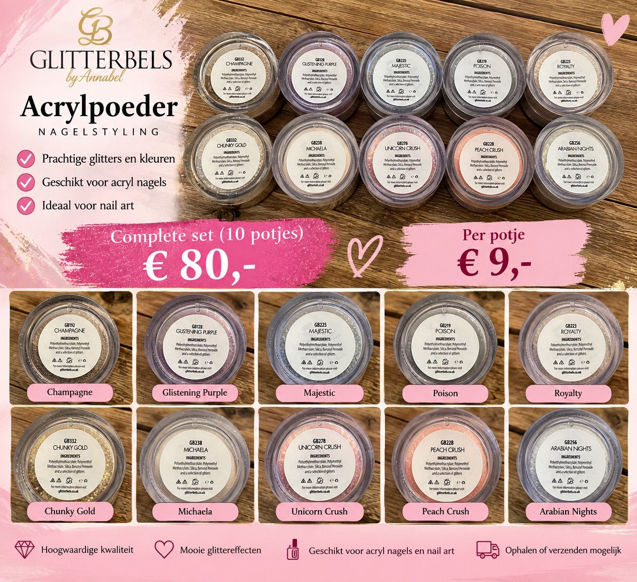 10 potjes Glitterbels acrylpoeder/glitter voor nagelstyling., Ophalen of Verzenden, Nieuw, Overige kleuren, Handen en Nagels