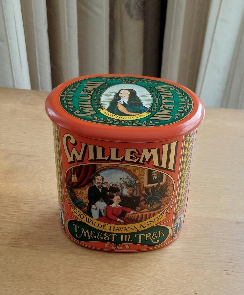 Vintage sigarenblik Willem II, Ophalen of Verzenden, Gebruikt, Tabaksdoos of Verpakking