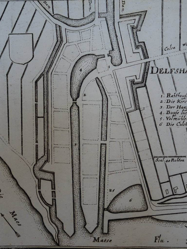 gravure plattegrond Delfshaven, Caspar Merian, 1670, Antiek en Kunst, Kunst | Etsen en Gravures, Cartografie, Gravure, Origineel