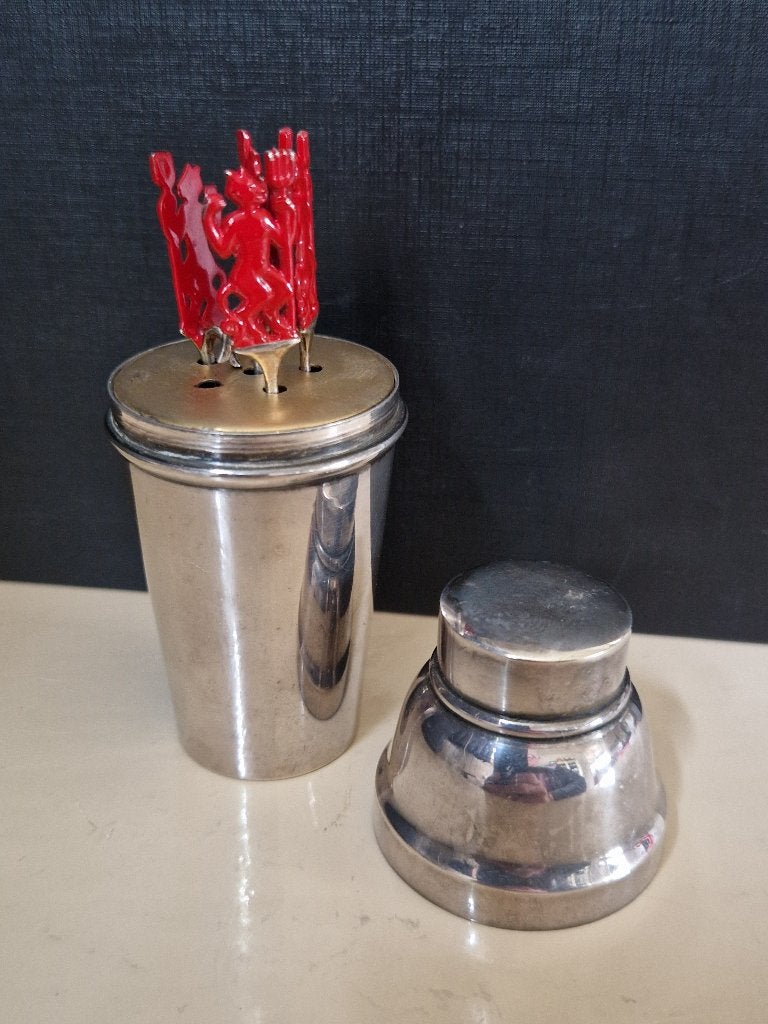 EPNS cocktailprikkers houder met sterling zilveren prikkers, Antiek en Kunst, Antiek | Goud en Zilver, Ophalen of Verzenden, Zilver