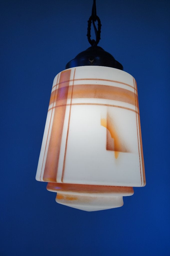 art deco lamp oranje bruin opaline glas messing hanglamp, Antiek en Kunst, Ophalen of Verzenden