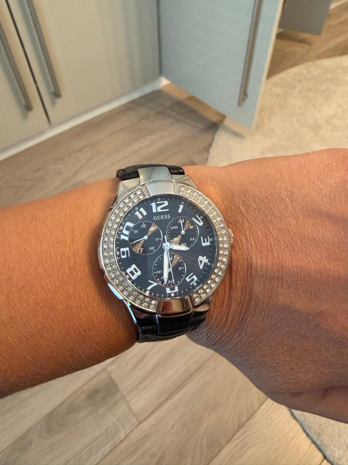 Guess horloge met strass, Leer, Staal, Guess, Polshorloge