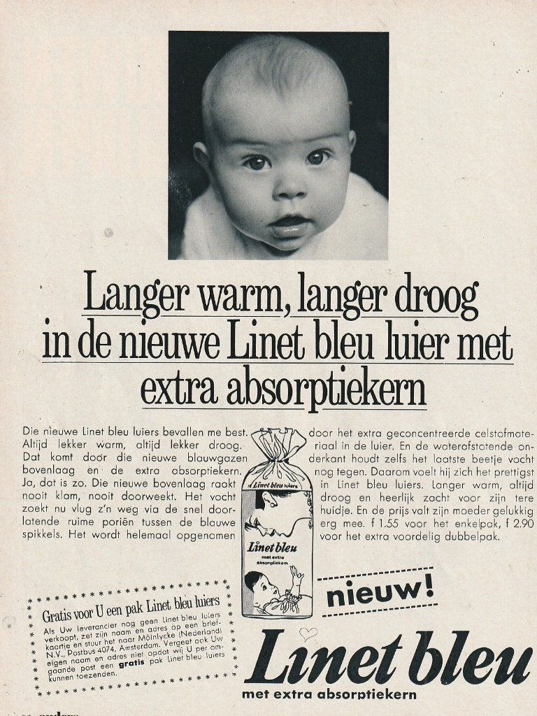 retro reclame 1968 Linet Bleu baby luiers langer warm, Verzenden, Overige typen