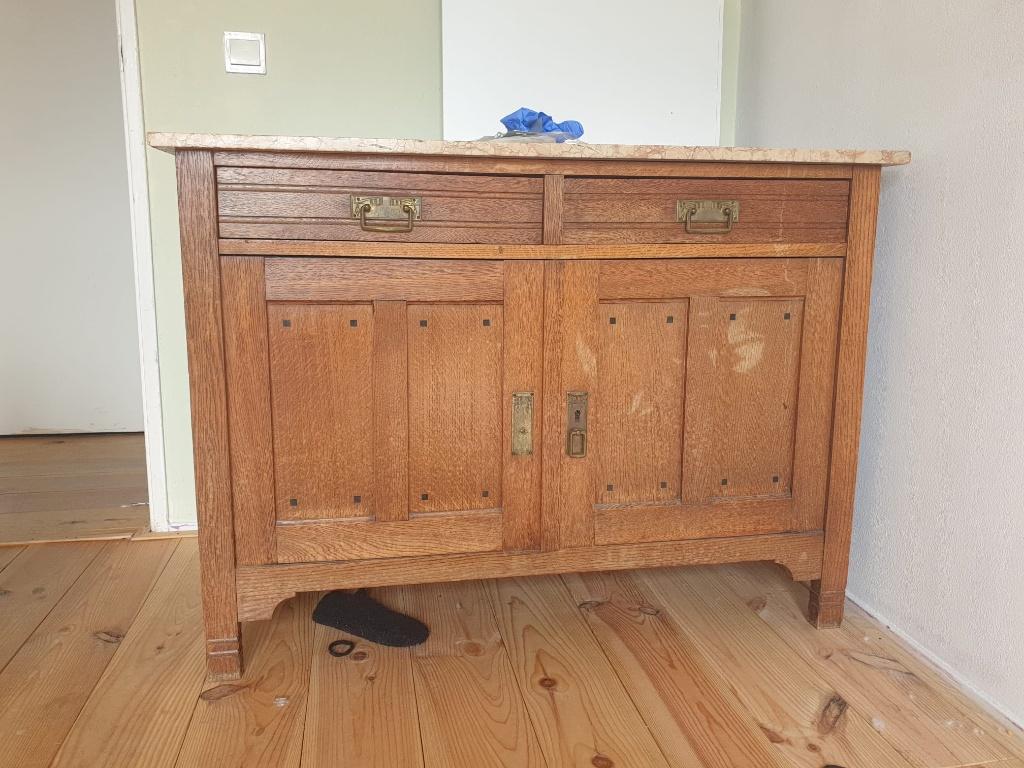Vintage Eiken Kast / Dressoir met Steenlook Blad, Ophalen, Gebruikt, Met deur(en), 100 tot 150 cm