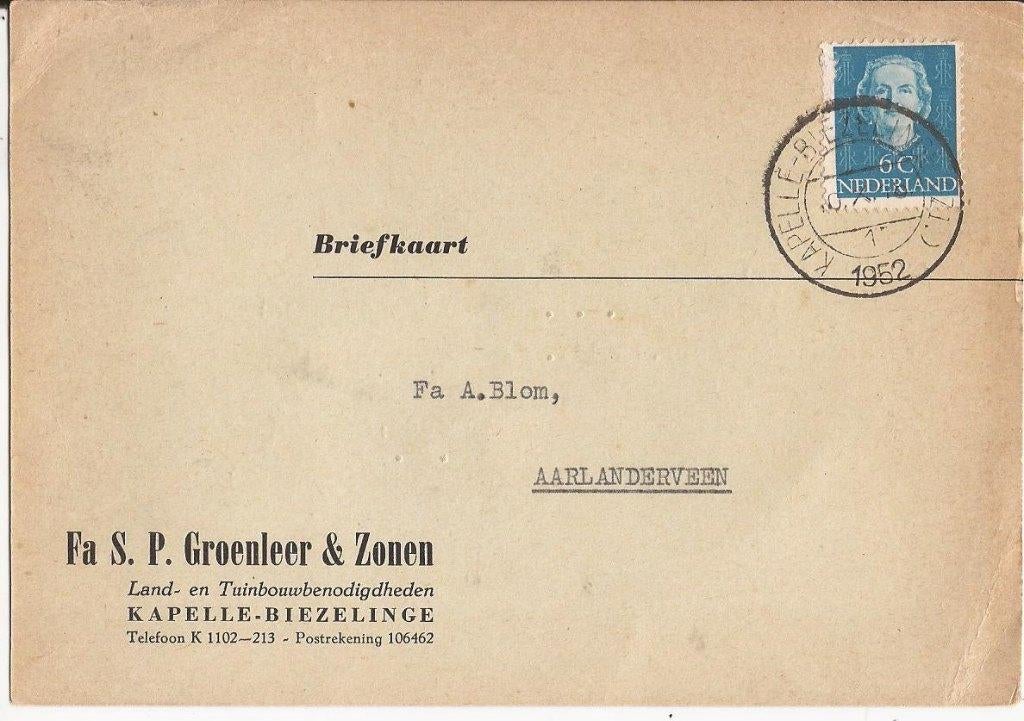KAPELLE-BIEZELINGE 1952 Fa S GROENLEER Zn Land- tuinbouwart, Verzamelen, Ophalen of Verzenden, 1920 tot 1940, Gelopen, Zeeland