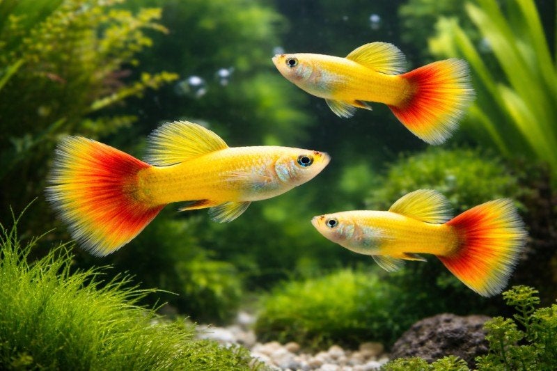 Gele guppen (aquarium vissen) man met vuurstaart en koppel, Dieren en Toebehoren, Vis, Zoetwatervis, Schoolvis