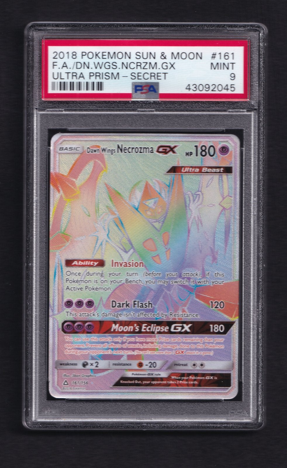 Pokémon Dawn Wings Necrozma GX FA 161/156 PSA 9 Ultra Prism, Ophalen of Verzenden, Nieuw, Losse kaart, Foil