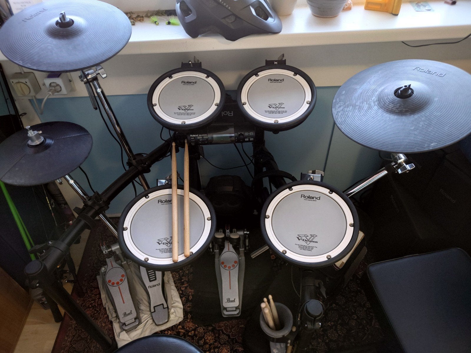 Roland TD-4 V-Drums met Pearl dubbel bass pedaal en kurk, Muziek en Instrumenten, Ophalen