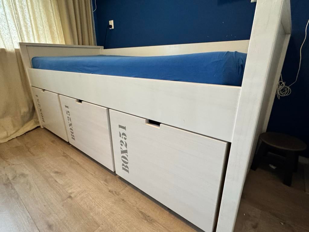 Bopita Kajuitbed 90x200 Whitewash met Lades, Kinderen en Baby's, Kinderkamer | Bedden, Ophalen, 85 tot 100 cm, Zo goed als nieuw