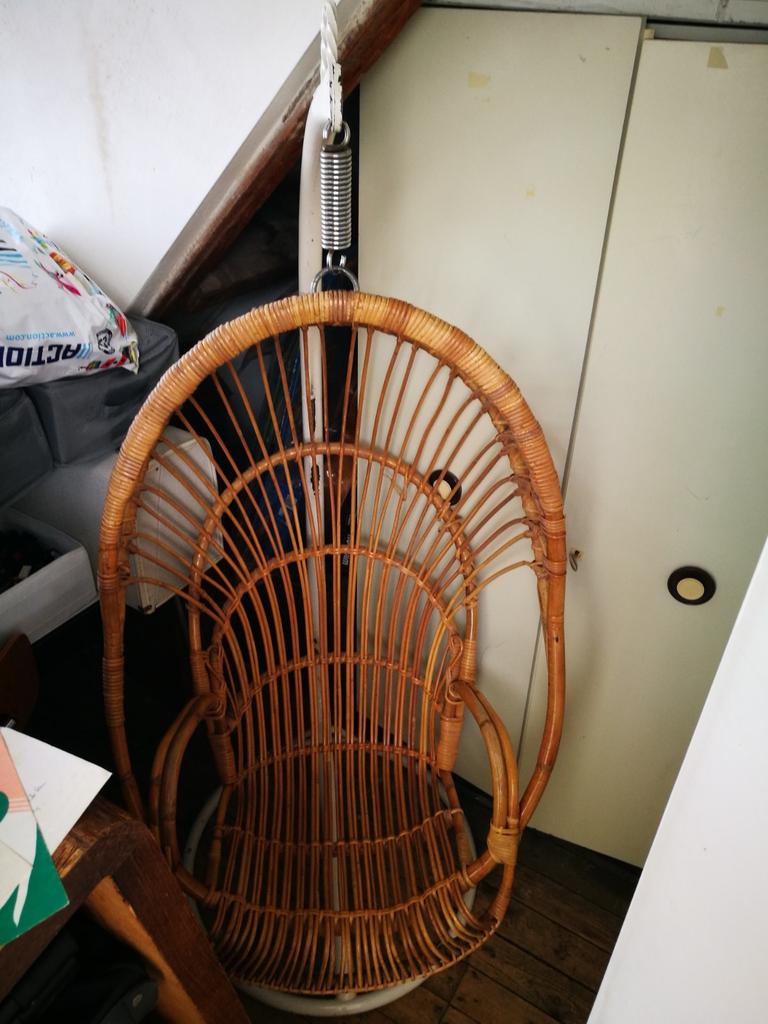 Vintage rotan hangstoel & frame, 60s, Fa. Mulder Noordwolde, Ophalen, Gebruikt, Bruin, Vintage