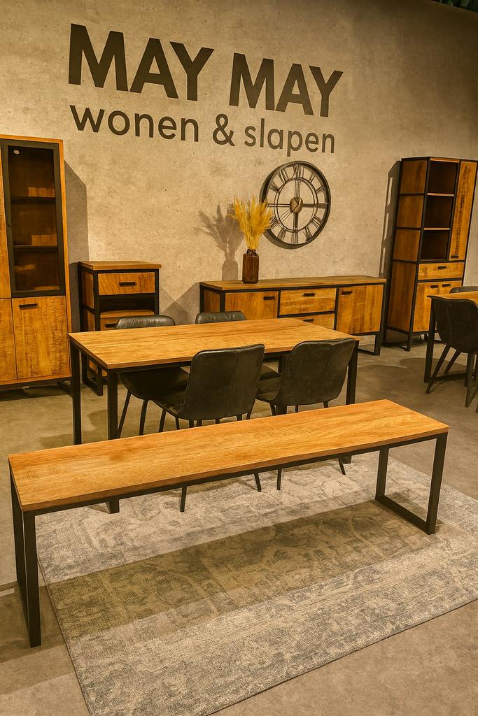 Eettafel/Zitbankje mangohout/Metaal Direct/Leverbaar E-7240, Huis en Inrichting, Tafels | Eettafels, Nieuw, Minder dan 50 cm, 150 tot 200 cm