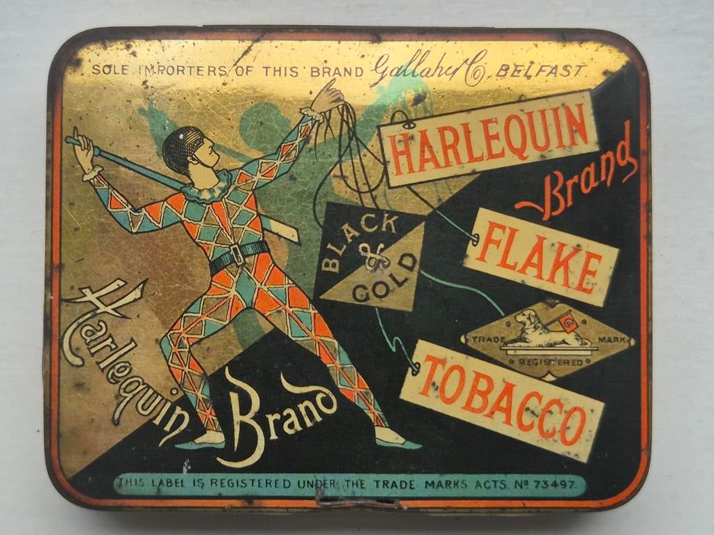 Harlequin Flake Tobacco blik Belfast london, Verzamelen, Ophalen of Verzenden, Gebruikt, Overige