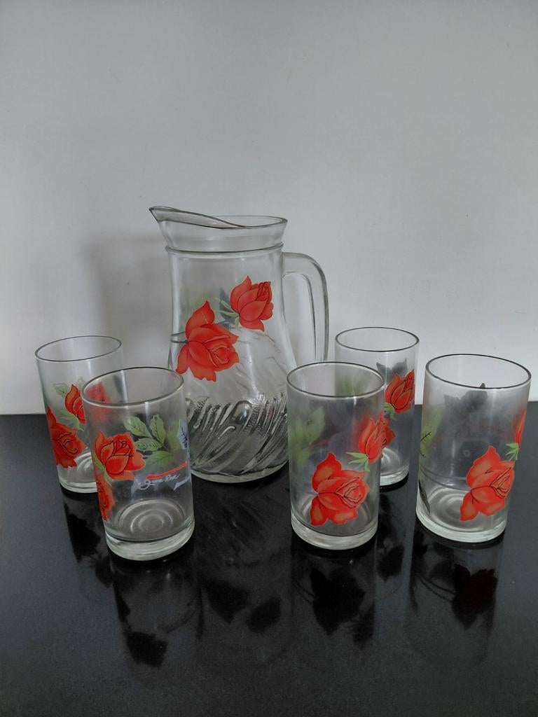 Vintage set 5 glazen en kan - puntgaaf, Ophalen of Verzenden