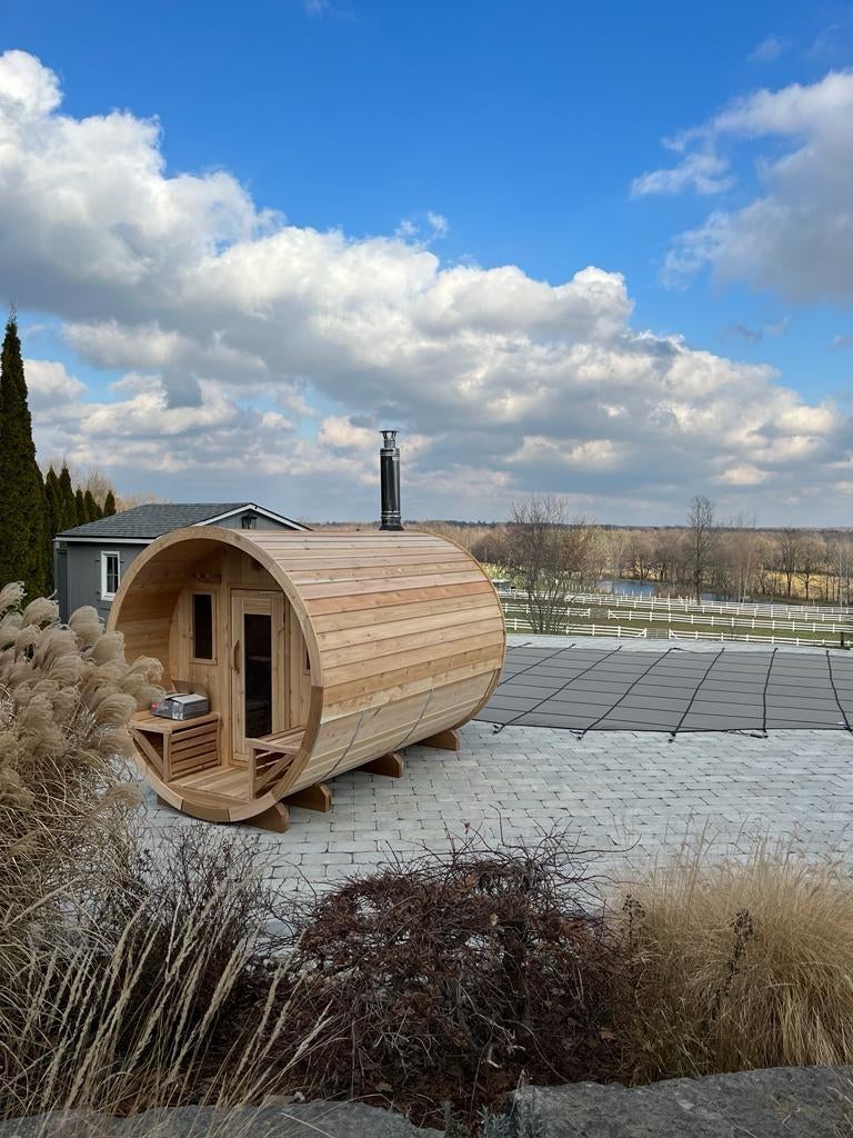 Red cedar Panorama barrel buiten sauna's, ook in thermowood, Ophalen, Fins of Traditioneel, Wellnessandgarden, Info@leisure-wellness-group.com