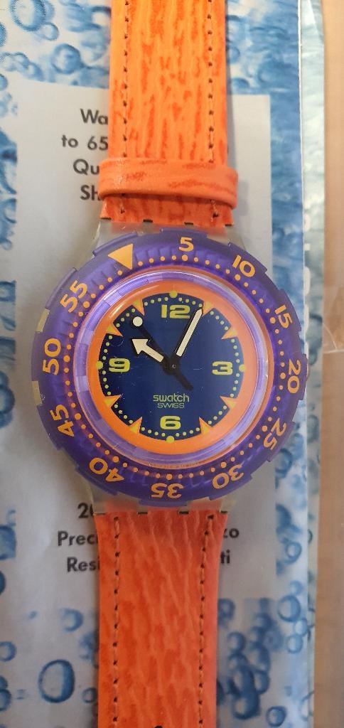 Swatch Scuba 200 "Deep Blue" – Full Set (1992), Sieraden, Tassen en Uiterlijk, Horloges | Heren, Kunststof, Leer, Polshorloge
