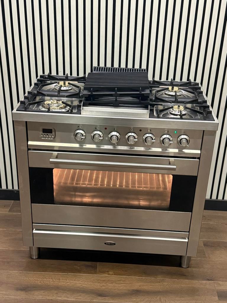 Luxe Boretti Fornuis 5 pits met Frytop RVS 90 cm, Fornello Esperta, Ophalen of Verzenden, Zo goed als nieuw, Energieklasse A of zuiniger