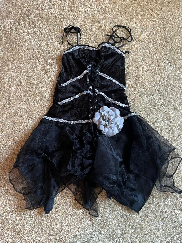 Carnaval gothic jurkje zwart-zilver mt. Xs (176), Kinderen en Baby's, Carnavalskleding en Verkleedspullen, Ophalen of Verzenden