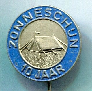 Camping Zonneschijn 10 jaar zilverkleurig speldje ( P_023), Verzenden, Zo goed als nieuw, Transport, Speldje of Pin