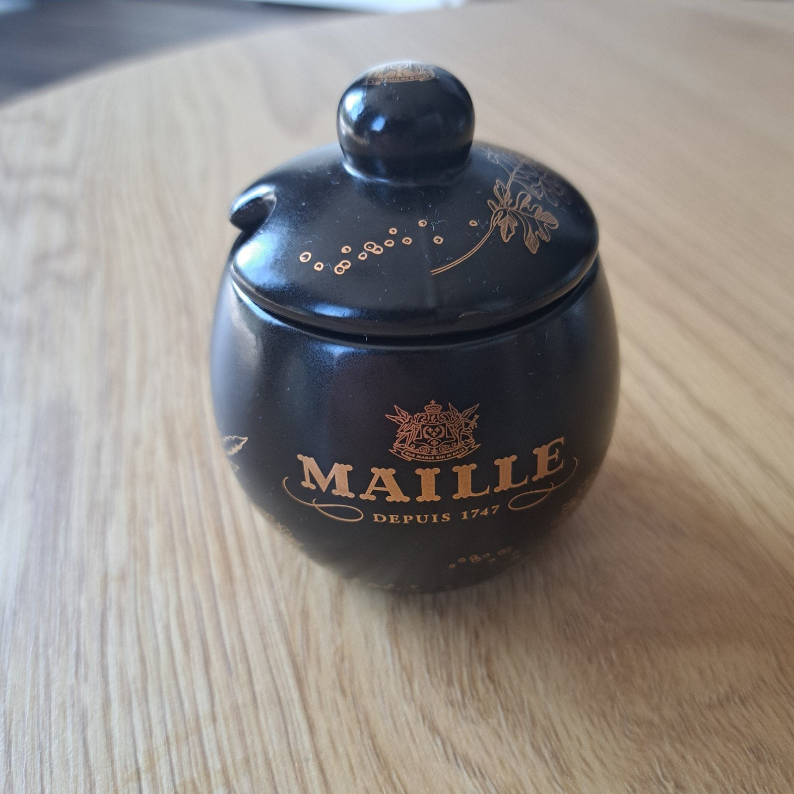 Vintage Maille mosterdpotje met deksel - Zwart/Goud, Ophalen of Verzenden