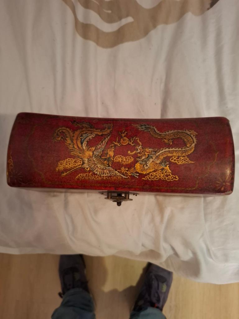 Antieke Chinese Houten Doos met Draak en Feniks, Ophalen of Verzenden