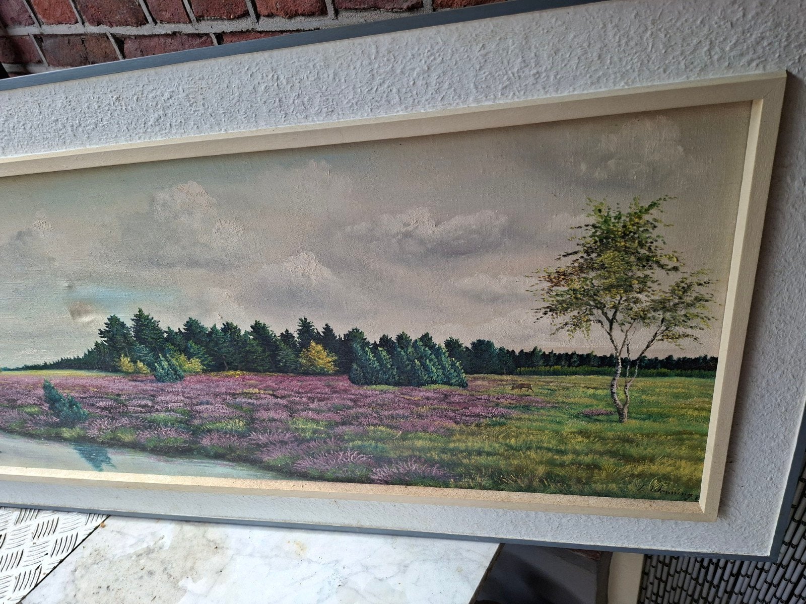 Groot Vintage Schilderij Heide Landschap F. Wenning, Ophalen, Doek, Ingelijst, Landschap