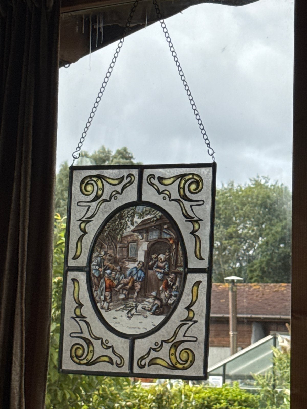 Antiek Glas-in-lood Raamhanger met Scène, Ophalen