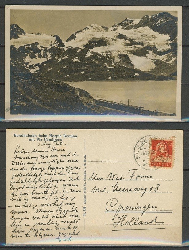 Switzerland 1928 Berninabahn Cambrena Foto-Ansichtkaart a-45, Ophalen of Verzenden, 1920 tot 1940, Gelopen, Overig Europa