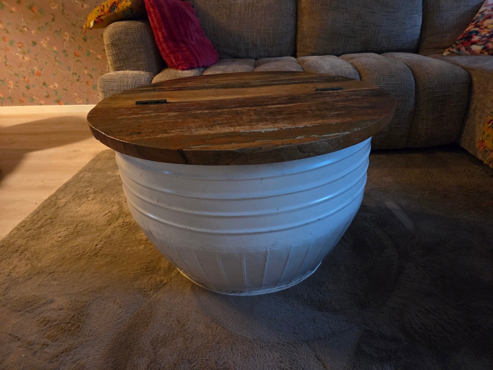 Unieke ronde salontafel met opbergruimte, Ophalen, Gebruikt, 50 tot 100 cm, Rond