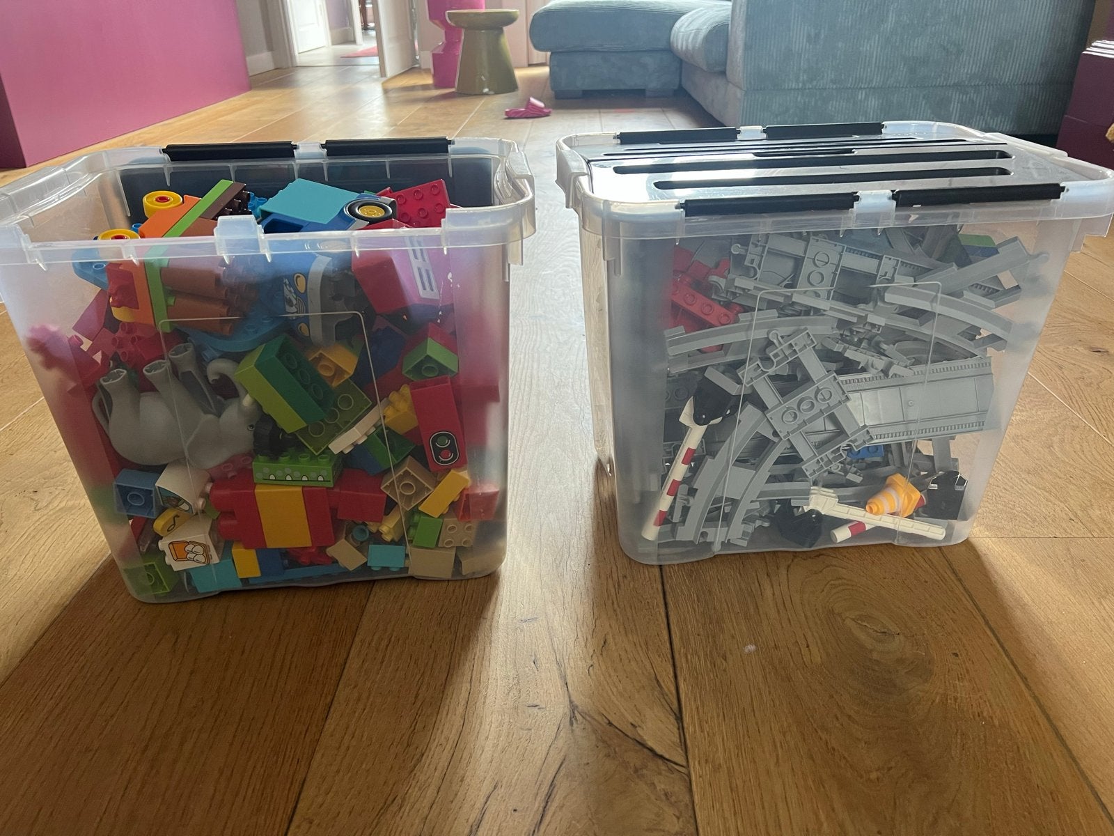 Grote partij LEGO Duplo en elektrische trein met rails, Ophalen, Gebruikt, Duplo, Losse stenen