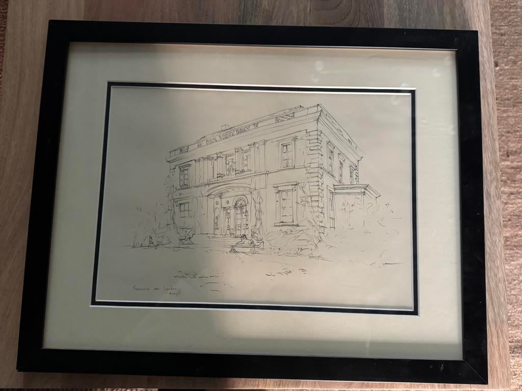 Ingelijste Gravure van een Klassiek Gebouw, Antiek en Kunst, Ophalen of Verzenden